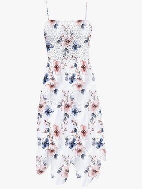 Floral Smocked Spaghetti Strap Sundress - White with Pink & Blue Flowers